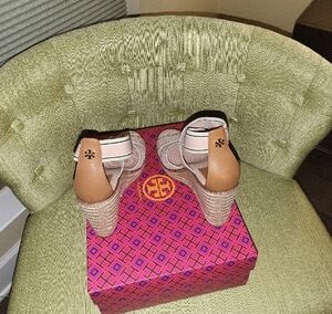 Tory Burch Pink and White Wedges